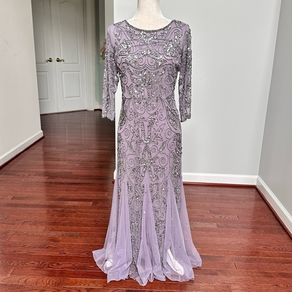 Pisarro Nights Dresses & Skirts - Pisarro Nights Mauve Grey Fully Embellished Beaded Quarter Sleeve Gown Dress 10p
